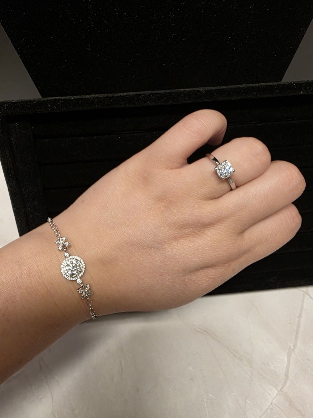 Silver Toned White Moissonite Halo Bracelet and Ring Set